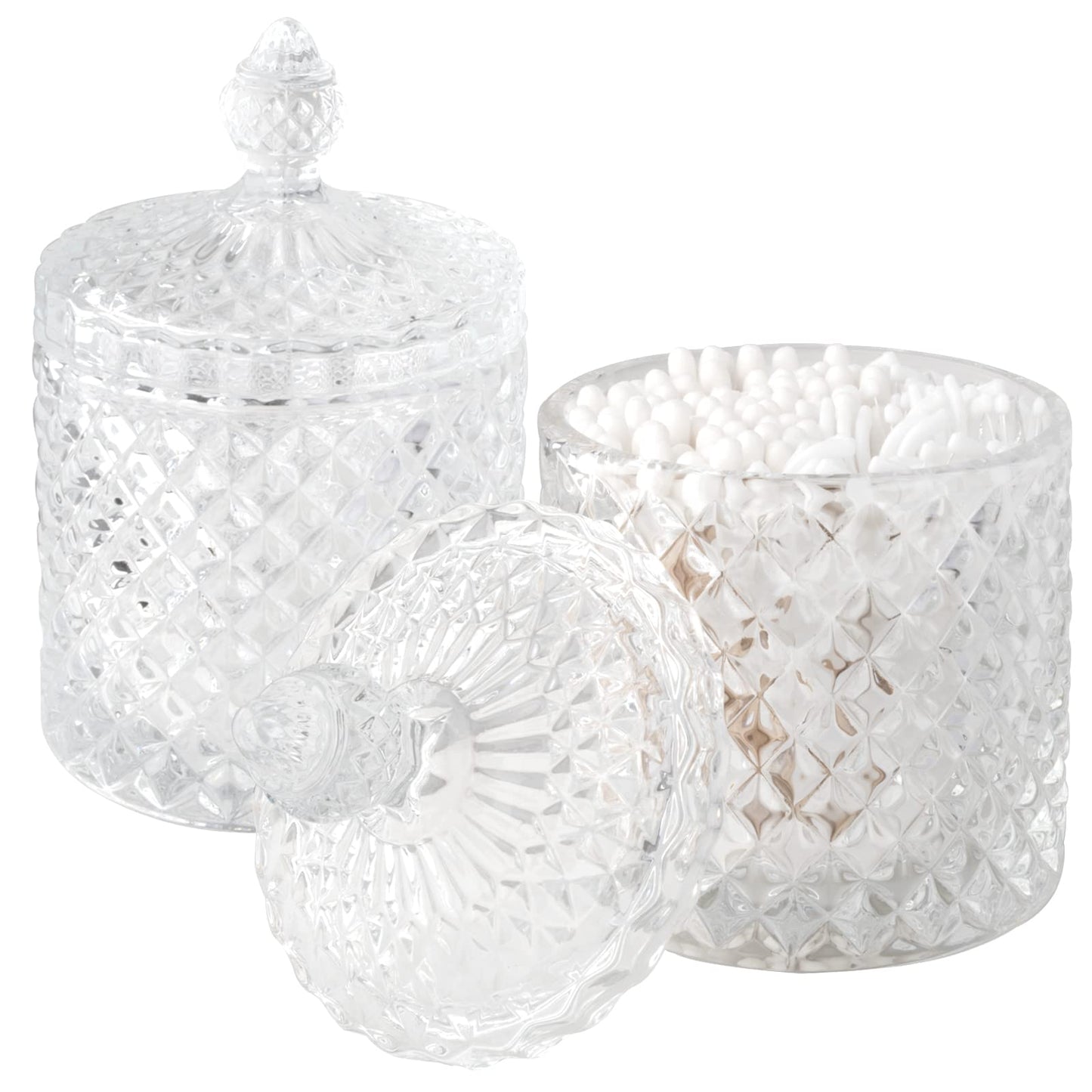 2 Pack Qtip Holder Thick Glass Apothecary Jars with Lid for Bathroom Decor Storage Organizer for Cotton Swabs, Balls, Pads, Floss Picks, Candy, Jewelry, Clear