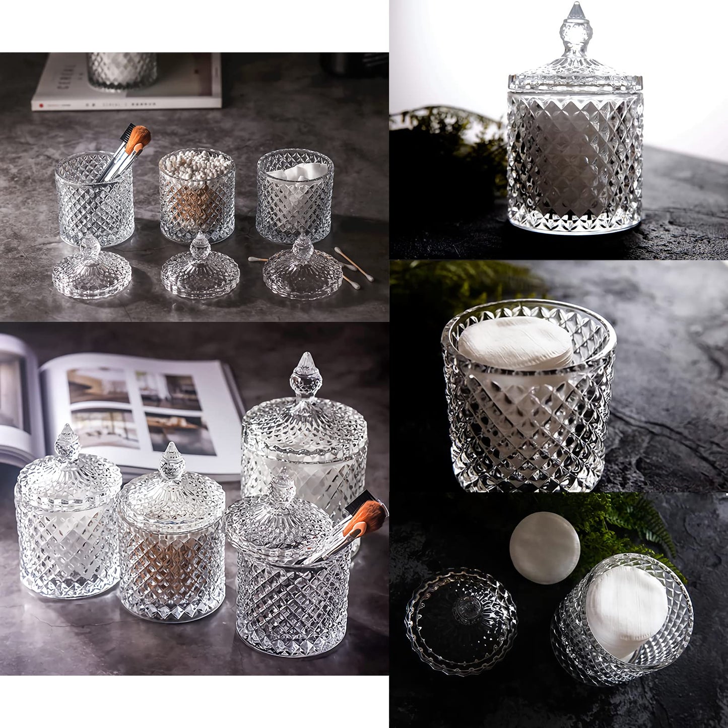 2 Pack Qtip Holder Thick Glass Apothecary Jars with Lid for Bathroom Decor Storage Organizer for Cotton Swabs, Balls, Pads, Floss Picks, Candy, Jewelry, Clear